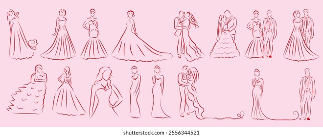 Whimsical coquette Wedding red and pink line set. Single one line drawing happy cute married man and woman. Bridal an groom. Modern graphic design concepts. Vector illustration