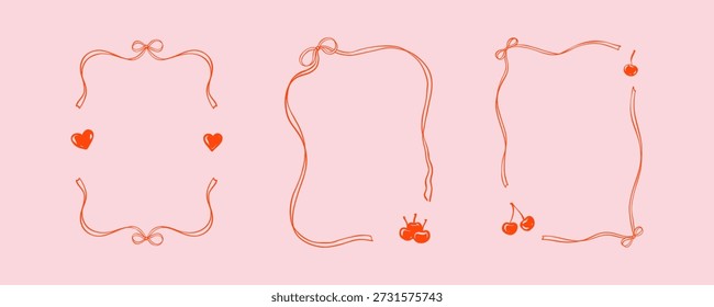 Marcos coquetos caprichosos con lindas cerezas dulces, corazones y lazos de color rosa coqueta. Borde ondulado de doodle dibujado a mano de estilo italiano, parisino y francés. Día de San Valentín, boda, elemento de diseño de despedida de soltera