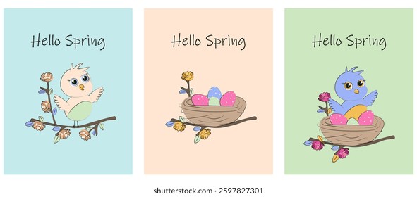 Whimsical coquettish style Hello Spring poster cover print template design. Cute simple bird in nest on the tree. Springtime minimal hand drawn vector illustration. EPS 10 