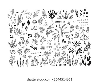 Whimsical corals and seaweed clipart set. Hand drawn cartoon underwater reef vector illustration. Coastal line art drawing. Mediterranean style. Marine life underwater collection.