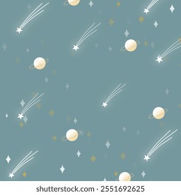 A whimsical cosmic pattern featuring planets with soft rings and elegant shooting stars against a muted teal background. 