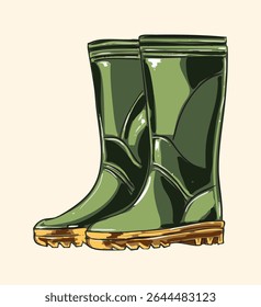Whimsical cottagecore garden boots illustration with vintage texture and rustic charm, ideal for botanical themes, countryside fashion, and nature-inspired design projects.