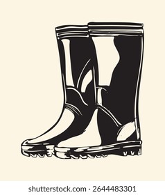 Whimsical cottagecore garden boots illustration with vintage texture and rustic charm, ideal for botanical themes, countryside fashion, and nature-inspired design projects.