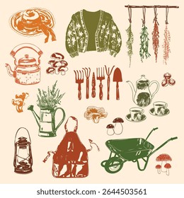 Whimsical cottagecore set illustration featuring rustic objects, florals, and cozy countryside elements—ideal for nature-inspired designs, lifestyle themes, and vintage aesthetic visuals.