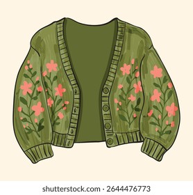 Whimsical cottagecore-inspired knitted cardigan jacket featuring cozy textures and vintage charm, perfect for fashion, design, or seasonal style concepts.