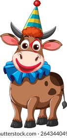 A whimsical cow dressed as a clown with a colorful party hat and vibrant blue ruffle