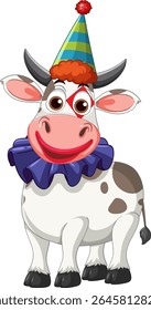 A whimsical cow dressed as a clown with a colorful party hat and ruffled collar, exuding joy and playfulness