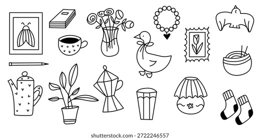 Caprichoso Elementos dibujado a mano con café, pájaro, flores, calcetines, libro.