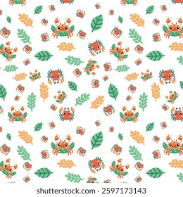 Whimsical Crab and Leaf Pattern in Bright, Tropical Colors