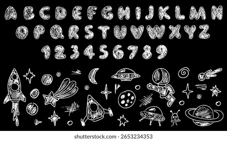 Whimsical crayon drawing of an astronaut near a planet, featuring handwritten crayon English font.