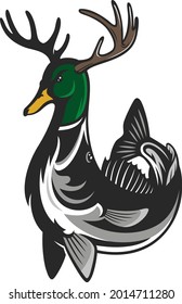 Whimsical Creature Combines Antler of White Tail Deer, Head of Mallard Duck and Walleye Fish. Logotype Design for Outdoor Activity, Hunting and Fishing