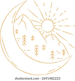 La luna creciente caprichosa abraza el paisaje de montaña con árboles estilizados y rayos de sol radiantes