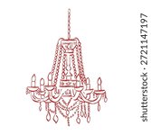 A whimsical crystal chandelier, executed in a linear style. A vintage lamp with a hand-drawn candlestick. Vector outline illustration in red.