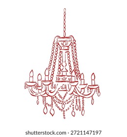 Una caprichosa lámpara de cristal, ejecutada en un estilo lineal. Una lámpara vintage con un candelabro dibujado a mano. Ilustración de contorno de Vector en rojo.