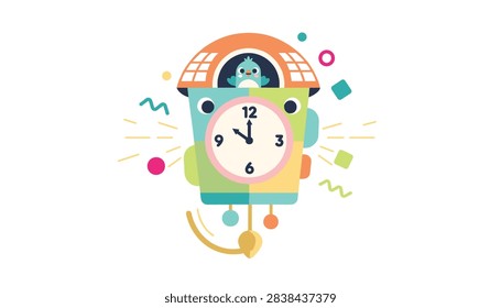 Whimsical cuckoo clock illustration featuring a cute little blue bird peeking out from a colorful house design.