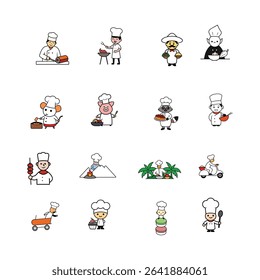 A Whimsical Culinary Journey Cartoon Chefs Displaying Diverse Cooking Scenarios and Animal Characters in Chef Attire Throughout Various Scenes