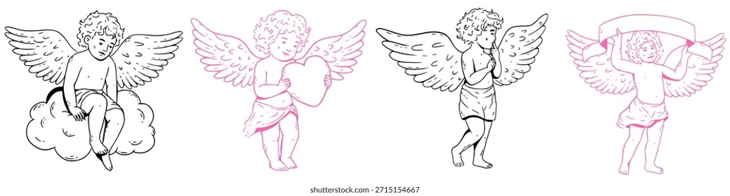 Whimsical cupid set. Hand drawn vintage cherub illustrations with cloud, heart, banner and thoughtful pose in coquette doodle style