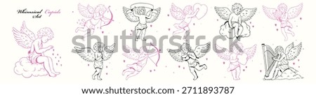 Whimsical cupid set. Hand drawn vintage cherub collection with hearts, clouds, bows and banners in coquette doodle style