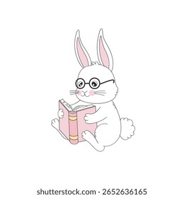 Whimsical Cute Bunny Rabbit in Glasses Reading a Pastel Red Book Vector Illustration in Retro Hand Drawn Style. Perfect for spring themed childrens designs, nursery prints, stationery, book covers