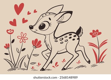 A whimsical and cute cartoon illustration of a baby deer.