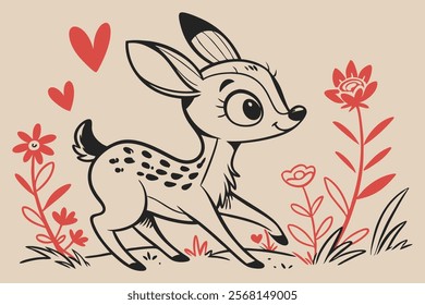 A whimsical and cute cartoon illustration of a baby deer.