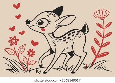 A whimsical and cute cartoon illustration of a baby deer.