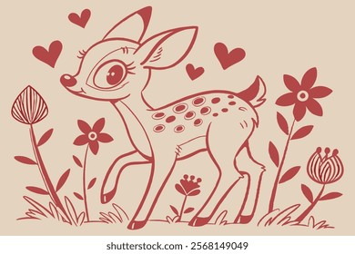 A whimsical and cute cartoon illustration of a baby deer.