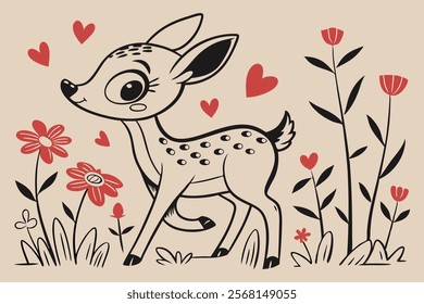 A whimsical and cute cartoon illustration of a baby deer.