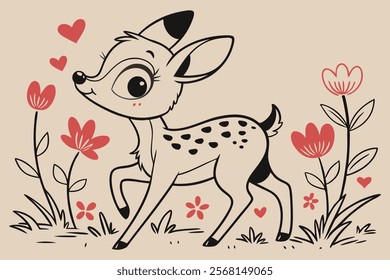 A whimsical and cute cartoon illustration of a baby deer.
