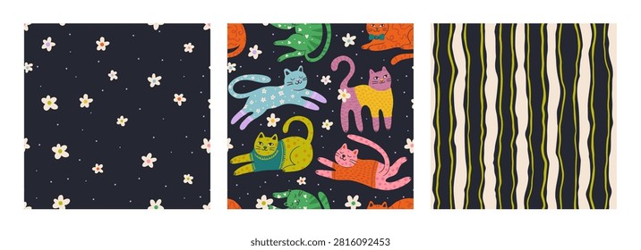 Whimsical Cute Cat Seamless Pattern Set Floral Elements Cartoon Cats Vector Background Collection