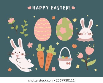 Whimsical Cute Easter Hand Drawn illustration with bunnies, eggs, carrots, and flowers. Spring, pastel color, editable vector, cute patterns