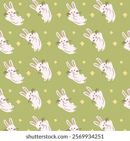 Whimsical Cute Easter Hand Drawn illustration with bunnies, eggs, carrots, and flowers. Spring, pastel color, editable vector, cute patterns, pink, green