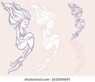 Whimsical cute fairy tale undersea little mermaid in vector with and without outline, children's symbol, logo. Hand drawn illustration pink and blue colors. Sea siren for Kids, element or apparel