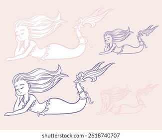 Whimsical cute fairy tale undersea little mermaid in vector with and without outline, children's symbol, logo. Hand drawn illustration pink and blue colors. Sea siren for Kids, element or apparel