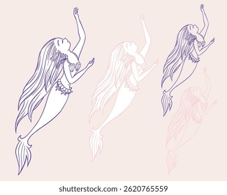 Whimsical cute fairy tale undersea little mermaid in vector with and without outline, children's symbol, logo. Hand drawn illustration pink and blue colors. Sea siren for Kids, element or apparel