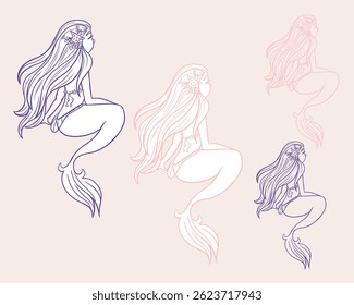 Whimsical cute fairy tale undersea little mermaid in vector with and without outline, children's symbol, logo. Hand drawn illustration pink and blue colors. Sea siren for Kids, element or apparel
