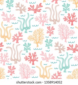 Whimsical Cute Hand-Drawn Sea Life, Corals, Seaweed, Algae Vector Seamless Pattern. Pastel Kids Ocean Background