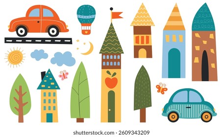Whimsical Cute Town with Cars and Trees. Colorful flat style vector illustration of playful village, houses, trees, clouds, cars, sun, and hot air balloon for children
