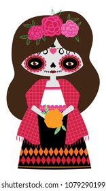 Whimsical day of the dead Catrina doll in red colors