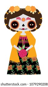 Whimsical day of the dead Catrina doll in yellow colors