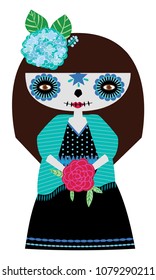 Whimsical day of the dead Catrina doll in blue colors