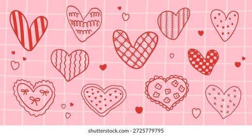 Elementos decorativos extravagantes para cartões comemorativos do Dia dos Namorados, convites de casamento, impressões. Conjunto de corações de vetor desenhados à mão na moda. Símbolos do Dia dos Namorados e do amor. 