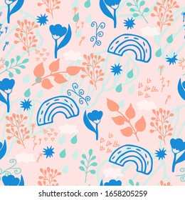 Whimsical, delicate, trendy seamless pattern in vector design. Doodle, hand drawn elements in lovely colours. 