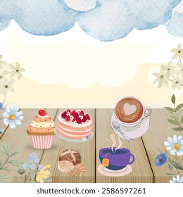 Whimsical Café Delight, Cozy Coffee and Pastry Scene, Dreamy Dessert Table, Floral Café Vibes, Pastel Tea Time Illustration, Sweet Treats and Warm Drinks