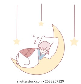 A whimsical and delightful illustration of a child peacefully sleeping comfortably on a crescent moon amidst stars