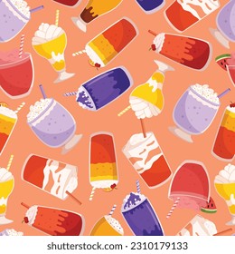 Whimsical And Delightful Seamless Pattern Features A Variety Of Milkshakes In Vibrant Colors, Creating A Fun And Playful Design Adding A Touch Of Sweetness To Any Project. Cartoon Vector Illustration
