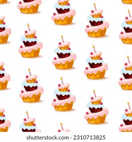 Whimsical Delights: Seamless Pattern of Three-Tiered Cakes with Candles and Cherries, in Pastel Blue-Pink Hues, on a White Background - Tilted Design