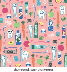 Whimsical Dental Health Seamless Vector Repeat Pattern With Happy Smiling Teeth Tooth Characters Holding Toothbrushes And Toothpaste, Surrounded By Hearts, Mouth Rinse, Floss On A Pink Ground