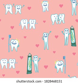 Whimsical dental seamless vector repeat pattern with happy smiling teeth tooth characters holding toothbrushes and toothpaste, surrounded by hearts on a pink ground