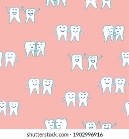 Whimsical dental seamless vector repeat pattern with happy smiling teeth tooth characters holding hands on a pink ground